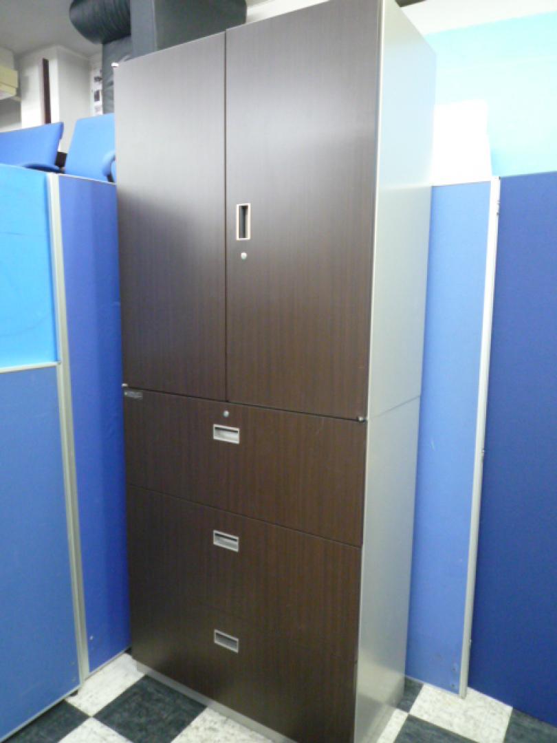 【大量入荷】上下書庫セット■両開き＋３段ラテラル■高さ2140mm■表面ローズ色木目■エグゼクティブ空間にも■自宅でもおススメ
                        シンラインキャビネットＲ
                                    中古
            