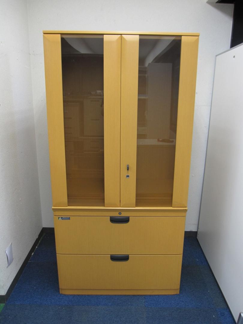 【高級役員用家具】ガラス書棚×２段ラテラル書庫　【ライトオーク色】※中古　希少　キャビネット
                        ARCUSシリーズ
                                    中古
            