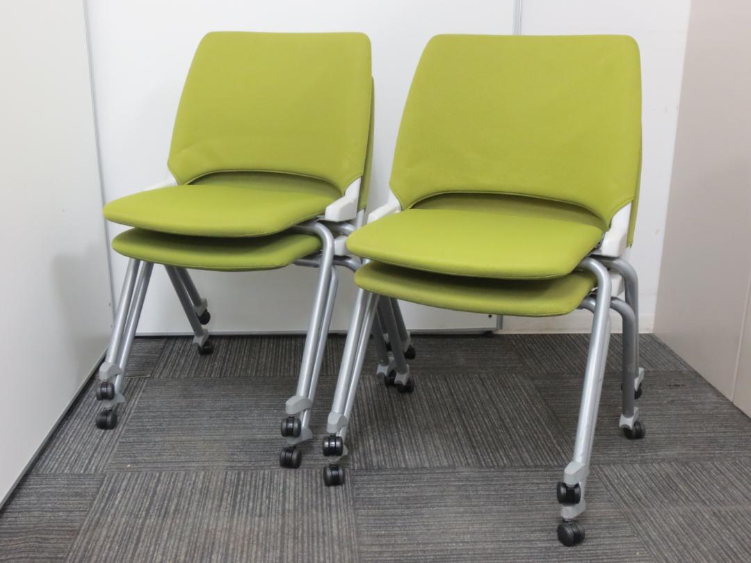 【スタッキングチェア4脚セット】【垂直・水平2パターンのスタッキングが可能！】■内田洋行のミーティングチェア（キャスター付）リーフグリーン
                        FM-350
                                    中古
            