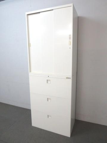 【幅800mmタイプ！取っ手に若干日焼け有の為、20％OFF！！】■オカムラ製　上下書庫セット（3枚引戸＋3段ラテラル）■レクトラインシリーズ　ホワイト　※取っ手日焼け有