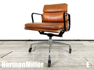 E）Hermanmiller ハーマンミラー　イームズ ソフトパッドチェア　フォースターベース 4本足　80S ヴィンテージ 83年製　革張　ブラウン