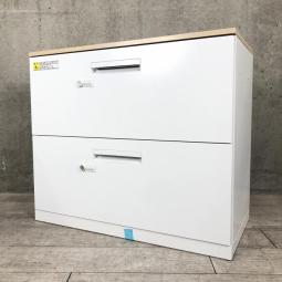 【窓下にも設置可能！高さ770㎜のダイヤル錠式キャビネット！】■内田洋行（UCHIDA）　HSシリーズ　2段ラテラル　ローキャビネット　H770㎜　■ホワイト　■ダイヤル錠　■ナチュラル調天板付き