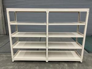 中量ラックの2連(単体+連結)中古ラックが大量35set初入荷しました！！②　扶桑金属工業製　天地5段　耐荷重：段/300kg　注)検索し易いようにW1200としておりますが、実寸は2台分の長さのW2450mmになります。　注2)呼称H1800　実寸H1805　ボルトレスなので組立も簡単！ ！ 　同シリーズのサイズ違い(W1500タイプとD450タイプ)も入荷しております。 
※マテハン本舗の中古商品は、千葉県柏市に在庫がございます。