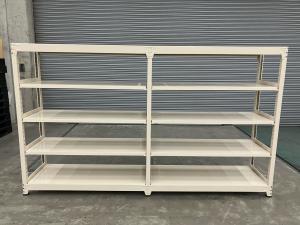 中量ラックの2連(単体+連結)中古ラックが大量50set初入荷しました！！④　扶桑金属工業製　天地5段　耐荷重：段/300kg　注)検索し易いようにW1500としておりますが、実寸は2台分の長さのW3050mmになります。　注2)呼称H1800　実寸H1805　ボルトレスなので組立も簡単！ ！ 　同シリーズのサイズ違い(W1200タイプとD450タイプ)も入荷しております。 
※マテハン本舗の中古商品は、千葉県柏市に在庫がございます。