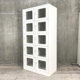 【入荷の少ないガラス戸タイプの10人用ロッカー！】■オカムラ（okamura）製　パーソナルロッカー10人用　ガラス窓付　■ホワイト　■ダイヤル錠　※非常用キーは別売りとなります