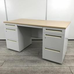【6台入荷】【収納力と広さを兼ね備えた上長席にピッタリのサイズ！人気の木目調！】■ウチダ（UCHIDA）　スカエナ（SCAENA）　両袖机　W1400㎜　配線：Sタイプ　■天板：木目ナチュラル × 本体ホワイト