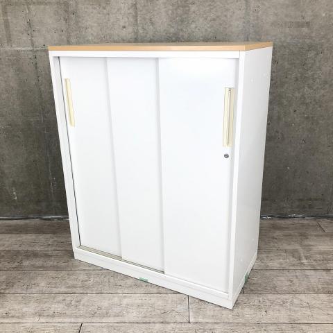 【お問い合わせの多い引違い書庫が入荷！スライド引き戸だから開閉スペースに困りません！】■ウチダ（UCHIDA）製　ハイパーストレージ（HS）シリーズ　3枚引き戸タイプ　引違い書庫　■天板ナチュラル　■シリンダー錠　■ホワイト【弊社使用欄：A01007163】