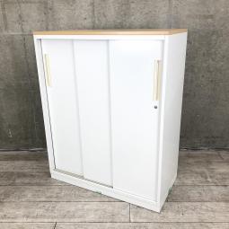 【お問い合わせの多い引違い書庫が入荷！スライド引き戸だから開閉スペースに困りません！】■ウチダ（UCHIDA）製　ハイパーストレージ（HS）シリーズ　3枚引き戸タイプ　引違い書庫　■天板ナチュラル　■シリンダー錠　■ホワイト【弊社使用欄：A01007163】