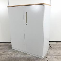 【ナチュラル調の天板付き！A4ファイルも楽々収納の両開き書庫！】■ウチダ(UCHIDA）製　HSシリーズ　両開き　ローキャビネット　W900×D450×H1120㎜　■ホワイト　■天板：ナチュラル木目調　■シリンダー錠