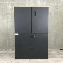 【フラットで美しいデザイン！】■イトーキ製　2段両開き＋2段ラテラル書庫セット 　■スタイリッシュなブラックカラー＆オシャレなイメージの木目天板付【ITOKI　eSキャビネット】【ABW】