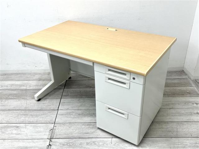 【定価約4万円】【オフィスで定番の幅1200㎜サイズの片袖机】■プラス/フラットライン　■片袖机　■ナチュラル　■シリンダー錠