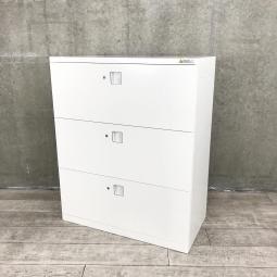 【オフィスの必需品！大容量の三段キャビネット！各段ごとでの施錠が可能な優れもの】■オカムラ(okamura)製　レクトラインシリーズ　3段ラテラル　ローキャビネット　(W900/D450/H1110)　 ■ホワイト　■シリンダー鍵【AD】