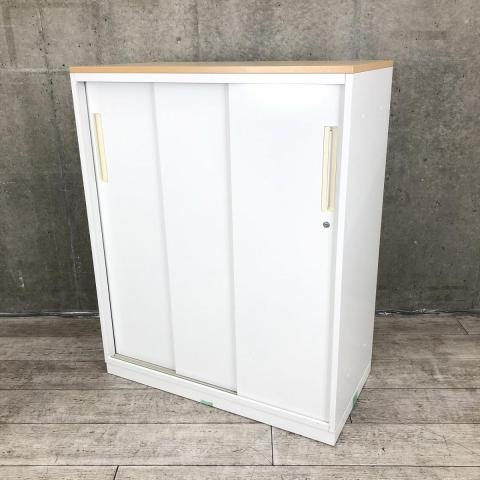 【在庫入替セール品】【お問い合わせの多い引違い書庫が入荷！スライド引き戸だから開閉スペースに困りません！】■ウチダ（UCHIDA）製　ハイパーストレージ（HS）シリーズ　3枚引き戸タイプ　引違い書庫　■天板ナチュラル　■シリンダー錠　■ホワイト【弊社使用欄：A01007163】【SN】