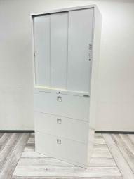【少し珍しい上下書庫が入荷】オカムラ製　レクトライン　ホワイト　3段×引き違い
※レールなどに日焼けがあります。