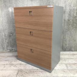 【木目調の3段ラテラル書庫！】オカムラ　Okamura　レクトライン　キャビネット　木目　ナチュラル　ラテラル　引き出し　レア　本棚　増員　書類　中古　中古オフィス家具　収納 在庫入替　【豊中倉庫在庫】