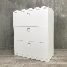 【オフィスの必需品！大容量の三段キャビネット】■オカムラ（okamura）　レクトラインシリーズ　3段ラテラル書庫　■天板付き　■シリンダー錠　■ホワイト【天板付きなのでカウンターとしても使える！】〈岐阜・愛知・三重・静岡・福井〉