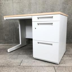 【2台限定】【2025.07,08入荷予定】【幅1000㎜のコンパクトサイズ！ナチュラル天板が明るい雰囲気に！】■イナバ製　片袖机　■天板ナチュラル×本体ホワイト　■シリンダー錠