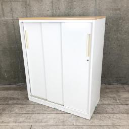【お問い合わせの多い引違い書庫が入荷！スライド引き戸だから開閉スペースに困りません！】■ウチダ（UCHIDA）製　ハイパーストレージ（HS）シリーズ　3枚引き戸タイプ　引違い書庫　■天板ナチュラル　■シリンダー錠　■ホワイト