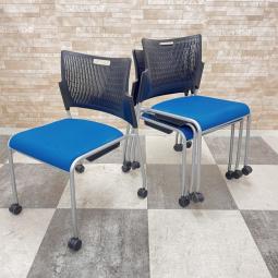 【4脚セットで大ロット商品！】■オカムラ（okamura）　レーテシリーズ　■ターコイズ　背もたれブラック樹脂　■キャスター付　スタッキングチェア　ミーティングチェア4脚セット　単品買いよりも少しお安く！【山盛り在庫のチョモランマ！】