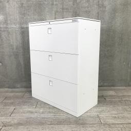 【ファイル収納にオススメ！高品質で使いやすい人気シリーズの3段ラテラル書庫！】■オカムラ（okamura）製　レクトラインシリーズ（Rectline）　3段ラテラル書庫　ローキャビネット　■色：ホワイト　■シリンダー錠 【弊社使用欄：A01023689】