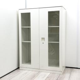 【大人気書庫レクトラインのガラス扉仕様が入荷いたしました！】■オカムラ（okamura）製　レクトライン(Rectline)　両開き　■ホワイト　■シリンダー錠　■天板無し