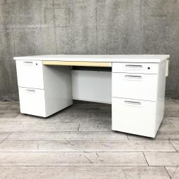 【希少品】【人気のホワイトカラー両袖机！収納力も抜群でA4ファイルも沢山収納可能！】■PLUS（プラス）製　LAシリーズ　両袖机　W1600×D700㎜　■ホワイト　■シリンダー錠　※日焼け有　【弊社使用欄：A01026726】