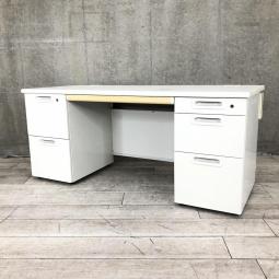 【希少品】【人気のホワイトカラー両袖机！収納力も抜群でA4ファイルも沢山収納可能！】■PLUS（プラス）製　LAシリーズ　両袖机　W1600×D700㎜　■ホワイト　■シリンダー錠　※日焼け有　【弊社使用欄：A01026726】【SN】