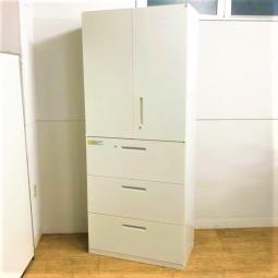 定番の上下書庫セット　3段ラテラル＋両開き　ウチダ　HSシリーズ　ホワイトの美しい鍵付きキャビネット　シリンダー錠