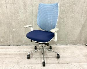 【在庫入替セール品】【前傾チルト付！流れるような美しいフォルムの最高級メッシュチェア！】■オカムラ（okamura）製　Sabrina（サブリナ）　ハイバック　肘付き　■可動肘　■背面メッシュ：アクアブルー/座面：ブルー/ホワイトフレーム【弊社使用欄：A01014866】