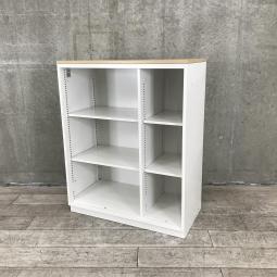【出し入れしやすいオープンキャビネット！よく使う資料やカタログ収納にオススメ！】■イトーキ（ITOKI）製　シンライン（THIN LINE）　オープン書庫（2列タイプ）　ローキャビネット　■本体/ベース：ホワイト　天板：ナチュラル木目調