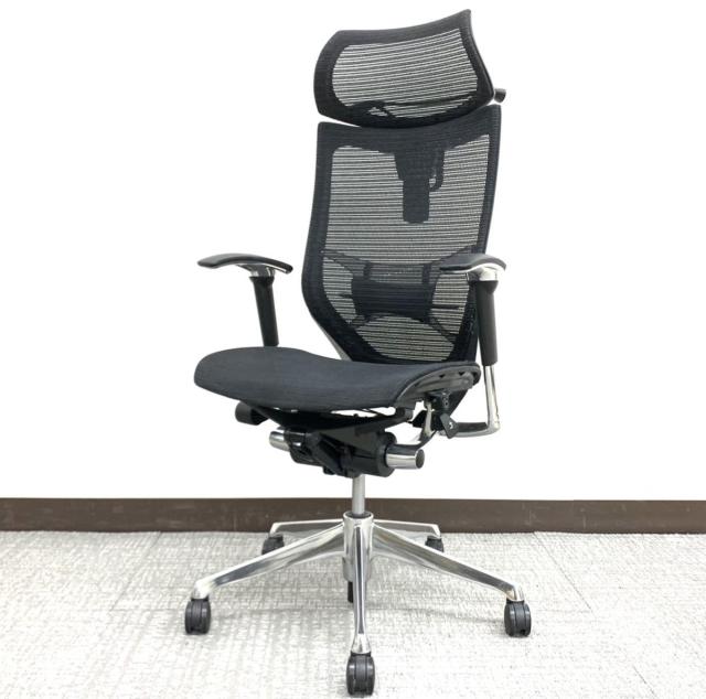 【新品ヘッドレスト】磨き上げて状態良好！可動型ヘッドレスト付きバロン（Baron）チェア※肘掛可動＆座面メッシュ仕様◆オカムラ製【RP】