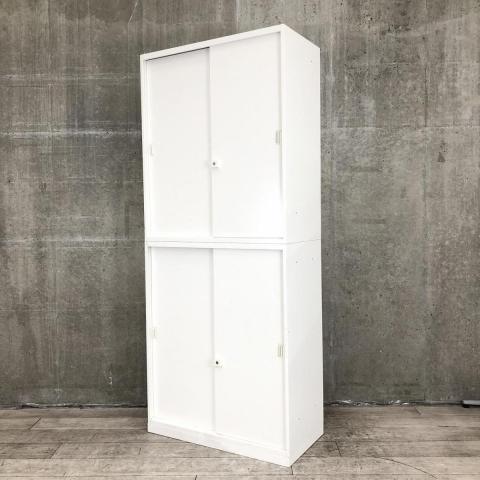 【スライド引き戸だから開閉スペースいらず！人気の書庫セット！】■オカムラ（okamura）製　レクトライン　上下引き違い　書庫セット　■ホワイト　■シリンダー錠 【弊社使用欄：A01035184/A01035183】【SN】