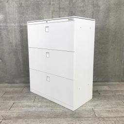 【ファイル収納にオススメ！高品質で使いやすい人気シリーズの3段ラテラル書庫！】■オカムラ（okamura）製　レクトラインシリーズ　3段ラテラル書庫　ローキャビネット　■天板/ベース付き　■ホワイト　■シリンダー鍵
