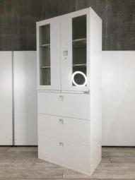 オカムラ(okamura)製　レクトライン　書庫セット　ガラス扉両開き＋３段ラテラル　ハイキャビネット