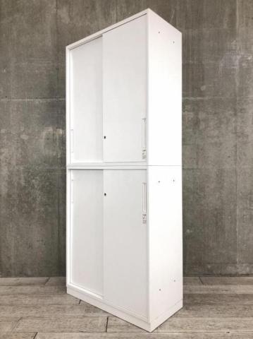 【手狭オフィスで大活躍！導線を確保できる上下引き違い書庫セット！】■コクヨ（KOKUYO）製　エディアシリーズ　上下引き違い書庫セット　ハイキャビネット　H2150㎜　■2枚扉　■シリンダー錠　■ホワイト〈岐阜・愛知・三重・静岡・福井〉
