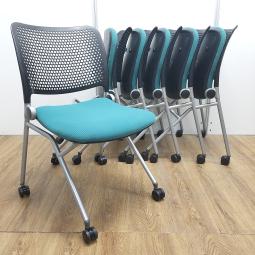 【6脚セット！！】ウチダ製　ブルーメ　ティールグリーン　キャスター付　平衡に収納　ネスティングチェア！！