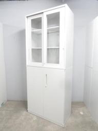 【中身を確認できる！人気のガラス書庫入荷！】■ウチダ(UCHIDA)　HSシリーズ　上：ガラス引戸 ＋ 下：両開き書庫セット　ホワイト【上下書庫セット】