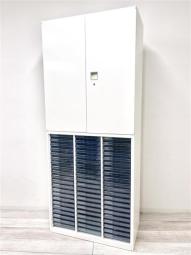 【在庫入替セール品】【定価約19万円】【書類の収納、仕分けに便利な下段クリスタルトレイの両開き書庫セット！】■オカムラ/レクトライン■上段両開き＋下段クリスタルトレイ(浅のみ)■