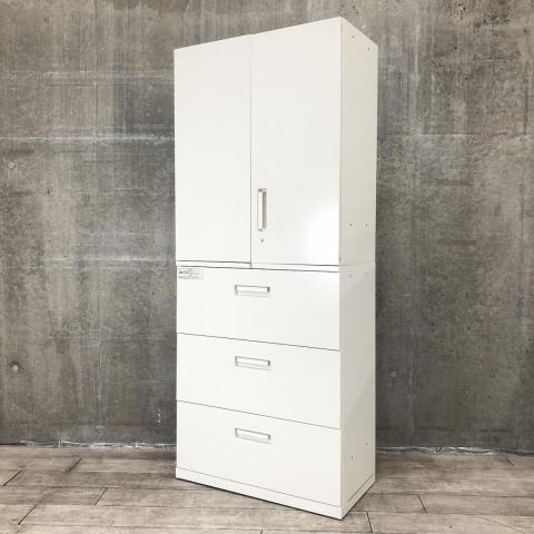 【大容量の上下書庫セット！オフィス書類を一気に整理！】■プラス（PLUS）製　レガーティオ（REGATEO）シリーズ　両開き戸+３段ラテラル　書庫セット　H2150㎜　■ホワイト　■シリンダー錠【弊社使用欄：A01043662/A01043660】