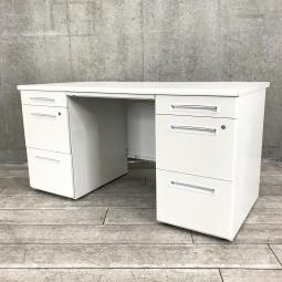 【スタンダードなデザインで高品質！収納力を備えたスチールデスク！上長様用の席にもおススメです！ 】■ライオン事務器(LION)製　LDVシリーズ　両袖机　W1400×D700㎜　■ホワイト　■シリンダー錠