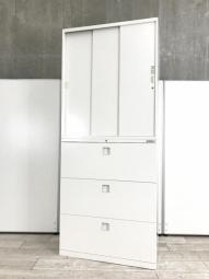 【使い勝手の良い書庫セット！3枚引き違い+3段ラテラルなので扉が邪魔にならない！】■オカムラ(okamura)製　　レクトライン　書庫セット　ハイキャビネット3枚引き違い+3段ラテラル　■ホワイト　■シリンダー錠