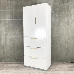 【使いやすさを追求したデザイン！大きめ取っ手で開閉らくらく！観音開き＋3段引き出しの書庫セット！】■イナバ（INABA）製　TFシリーズ（ティーエフ）　両開き＋3段ラテラル　ハイキャビネット　H2160㎜　■シリンダー錠　■ホワイト　※取手日焼け有