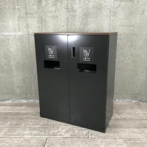 ABW/カフェスペース/おすすめ　ウチダ（UCHIDA）製　HSシリーズ　両開きリサイクルユニット（分別ダストボックス）　トラッシュユニット　■ペール×2付　■本体ブラック　■ブラウン天板　■ベース付き