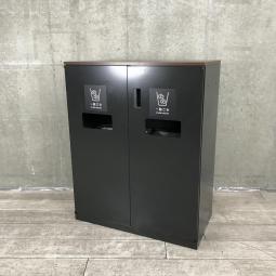 ABW/カフェスペース/おすすめ　ウチダ（UCHIDA）製　HSシリーズ　両開きリサイクルユニット（分別ダストボックス）　トラッシュユニット　■ペール×2付　■本体ブラック　■ブラウン天板　■ベース付き