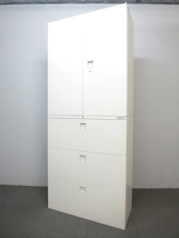 ☆H2150mm！【書庫探しに迷ったらコレ！】■オカムラ製　上下書庫セット（両開き＋3段ラテラル）　レクトラインシリーズ　ホワイト　■省スペースに大量収納！オフィスの書類をまとめて整理！【Okamura　Rectline】