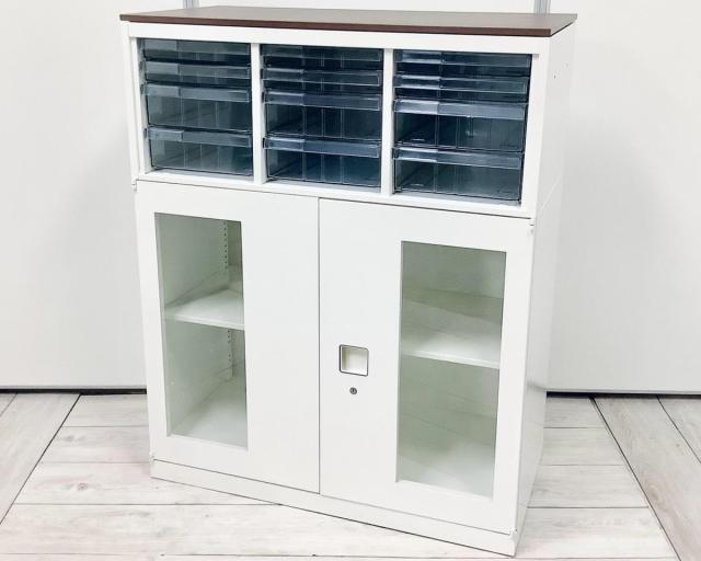 【中古】レクトライン 4B09AD-ZA75+4B31GF-ZA75 オカムラ（okamura） ローキャビネット／クリスタルトレー