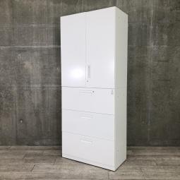 【収納量抜群の書庫セット！観音開き＋引き出しタイプの人気の組み合わせ！】■コクヨ（KOKUYO）製　 エディアシリーズ（EDIA）　両開き＋3段ラテラル　書庫セット　ハイキャビネット　■シリンダー錠　■ホワイト【IB】