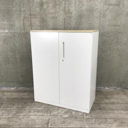 【定価約7万円】【収納物を見渡しやすい定番の両開き書庫！A4ファイルも楽々収納！】■両開き　ローキャビネット　■シリンダー錠　■本体：ホワイト / 天板：ナチュラル木目調/ウチダ（UCHIDA）製　ハイパーストレージ（HS）シリーズ