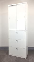 スライド式の扉＋引き出しタイプの便利な書庫セットが入荷！使い勝手抜群のハイキャビネットが入荷！
■オカムラ/レクトライン/ホワイト　2枚引き戸＋3段ラテラルキャビネット