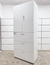 【大容量の上下書庫セット！オフィス書類を一気に整理！】■プラス(PLUS)製　L6シリーズ　両開き戸+３段ラテラル　書庫セット　H2150㎜　■ホワイト　■シリンダー錠